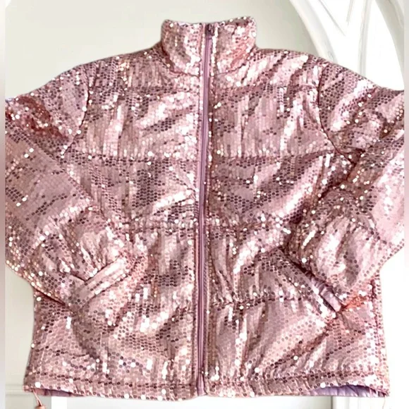 Grace + Emma All Over Sequence Puffer Jacket Coat Rose Gold Shiny Sparkly Med